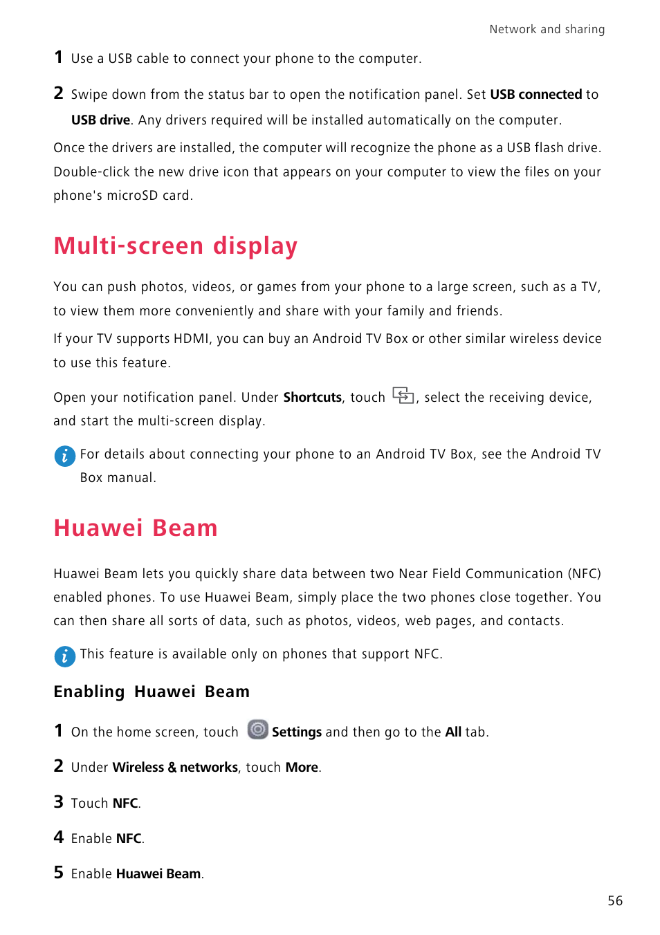 Multi-screen display, Huawei beam, Enabling huawei beam | Huawei P8 Lite User Manual | Page 60 / 84