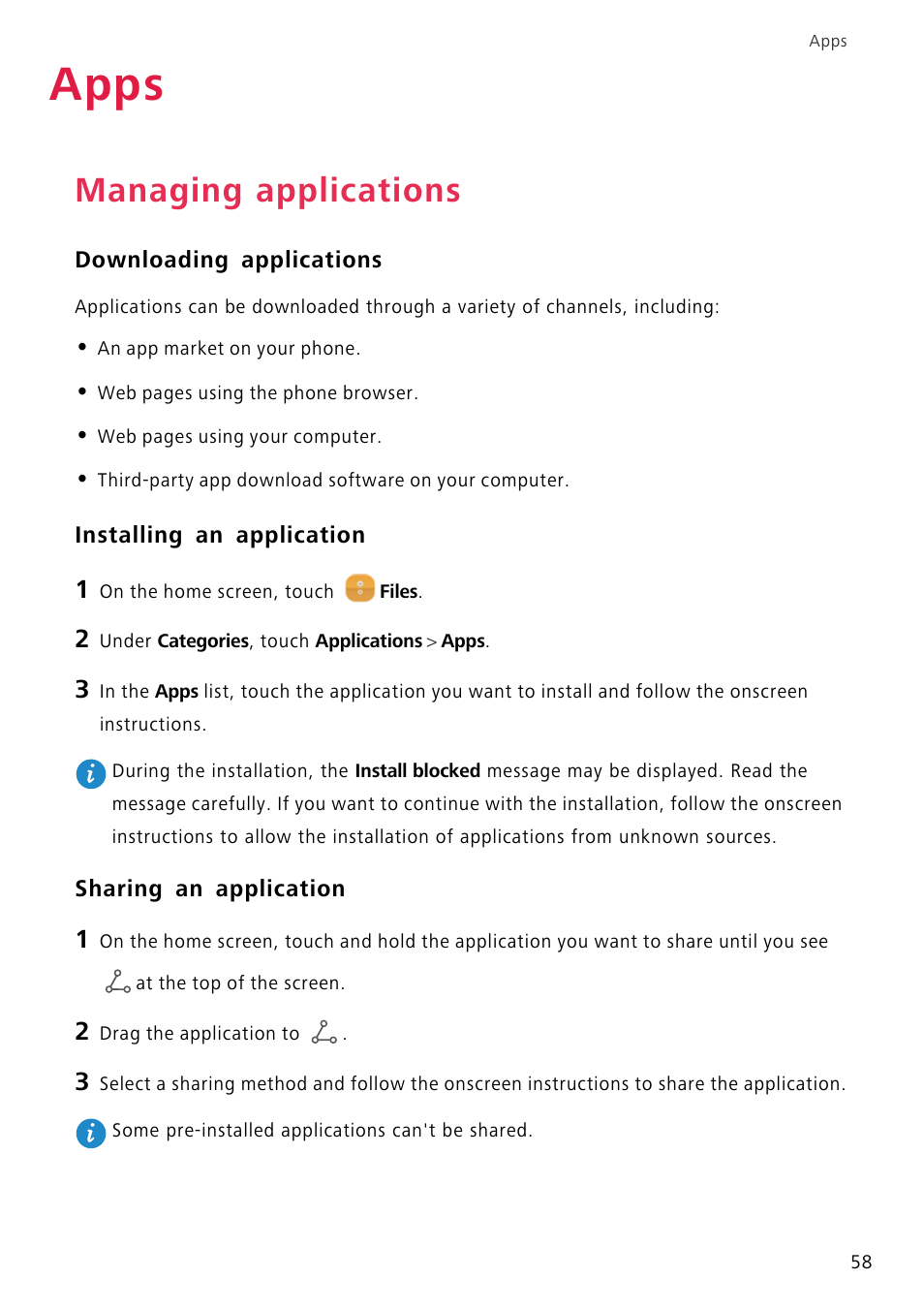 Apps, Managing applications, Downloading applications | Installing an application, Sharing an application | Huawei P8 Lite User Manual | Page 62 / 84
