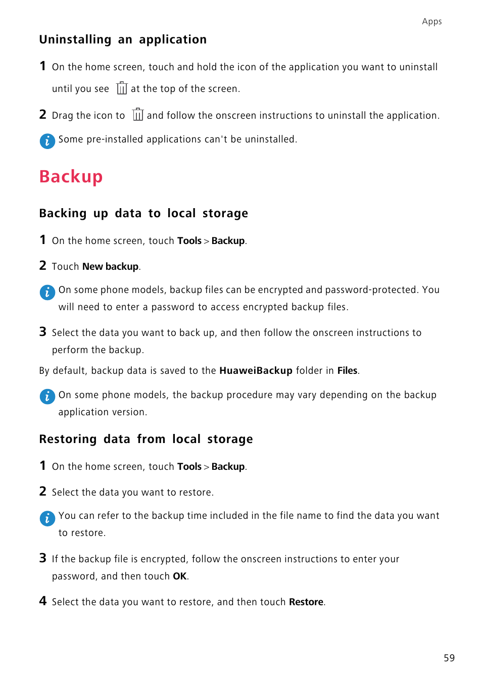 Uninstalling an application, Backup, Backing up data to local storage | Restoring data from local storage | Huawei P8 Lite User Manual | Page 63 / 84