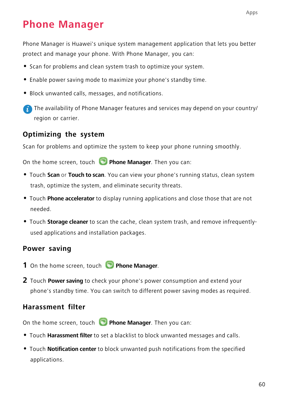 Phone manager, Optimizing the system, Power saving | Harassment filter | Huawei P8 Lite User Manual | Page 64 / 84