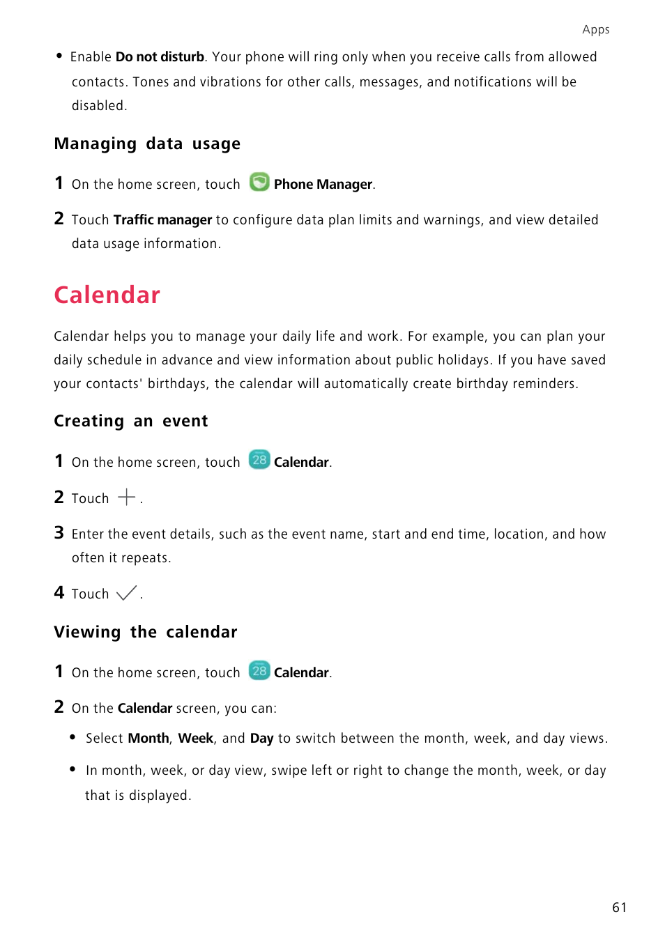 Managing data usage, Calendar, Creating an event | Viewing the calendar | Huawei P8 Lite User Manual | Page 65 / 84