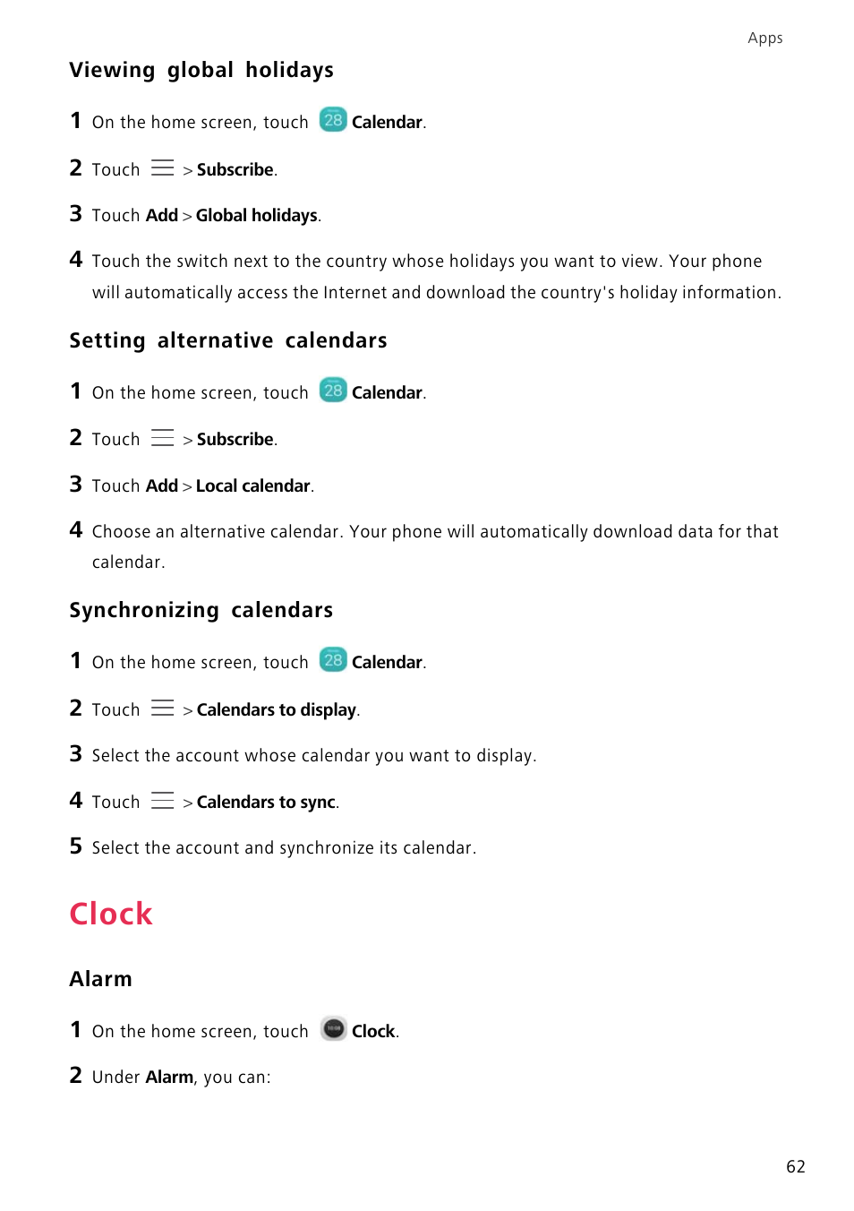 Viewing global holidays, Setting alternative calendars, Synchronizing calendars | Clock, Alarm | Huawei P8 Lite User Manual | Page 66 / 84