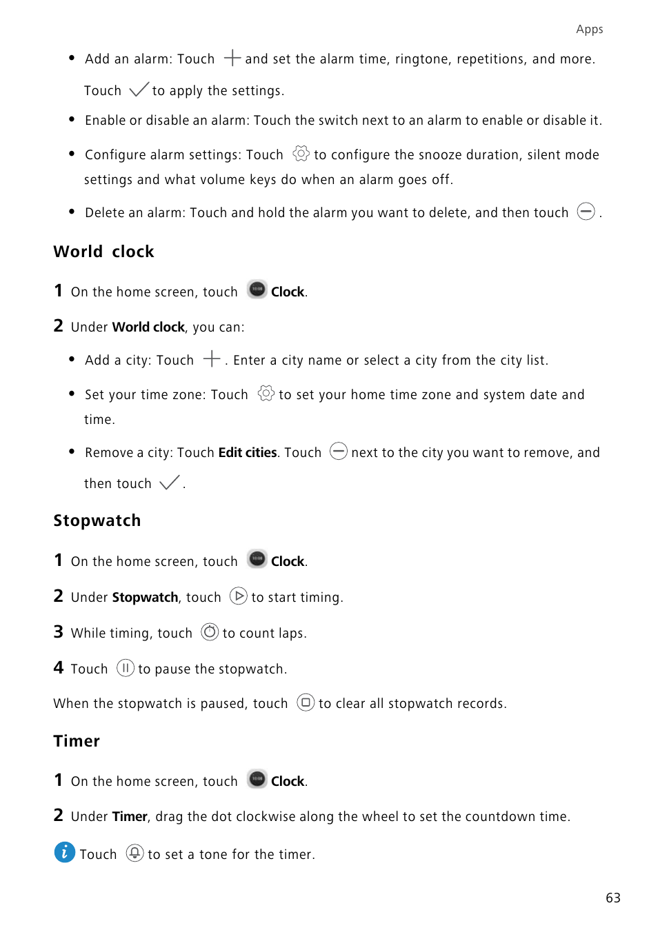 World clock, Stopwatch, Timer | Huawei P8 Lite User Manual | Page 67 / 84