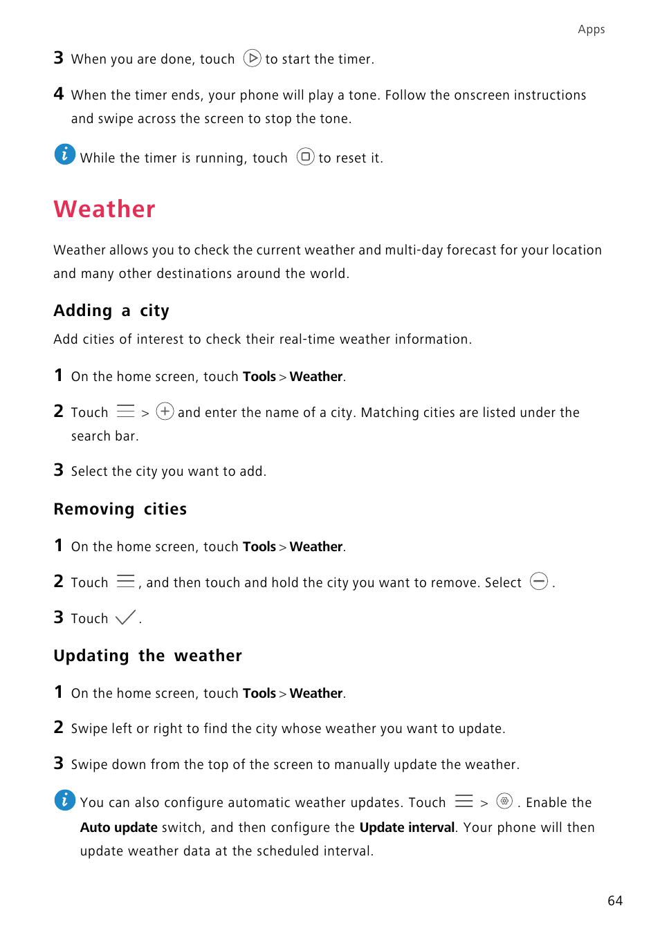 Weather, Adding a city, Removing cities | Updating the weather | Huawei P8 Lite User Manual | Page 68 / 84