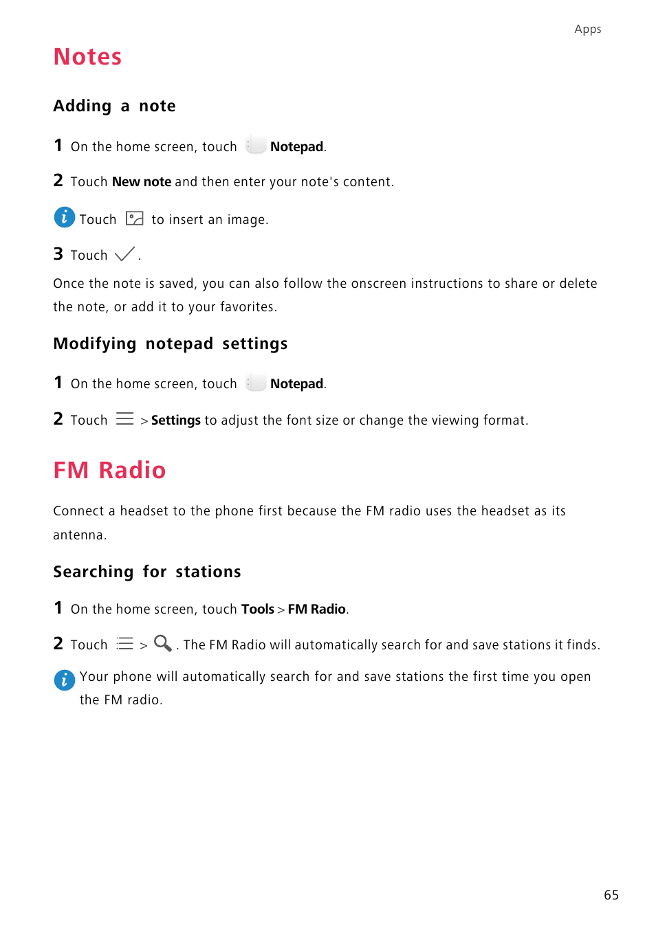 Notes, Adding a note, Modifying notepad settings | Fm radio, Searching for stations | Huawei P8 Lite User Manual | Page 69 / 84