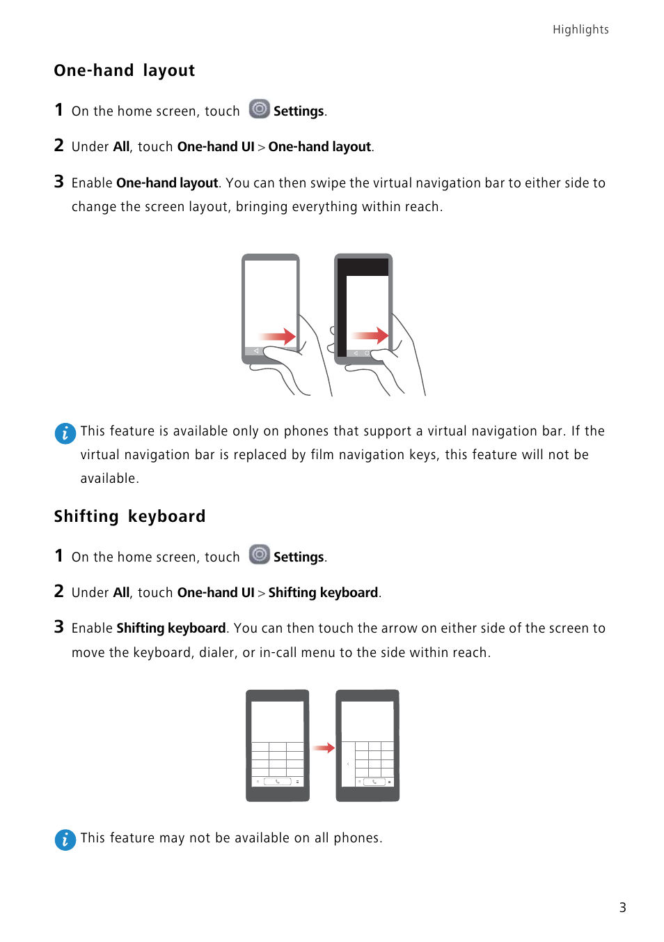 One-hand layout, Shifting keyboard | Huawei P8 Lite User Manual | Page 7 / 84