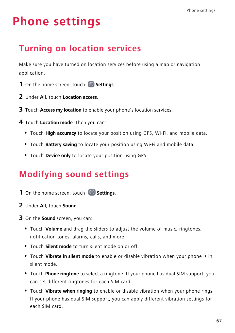 Phone settings, Turning on location services, Modifying sound settings | Huawei P8 Lite User Manual | Page 71 / 84