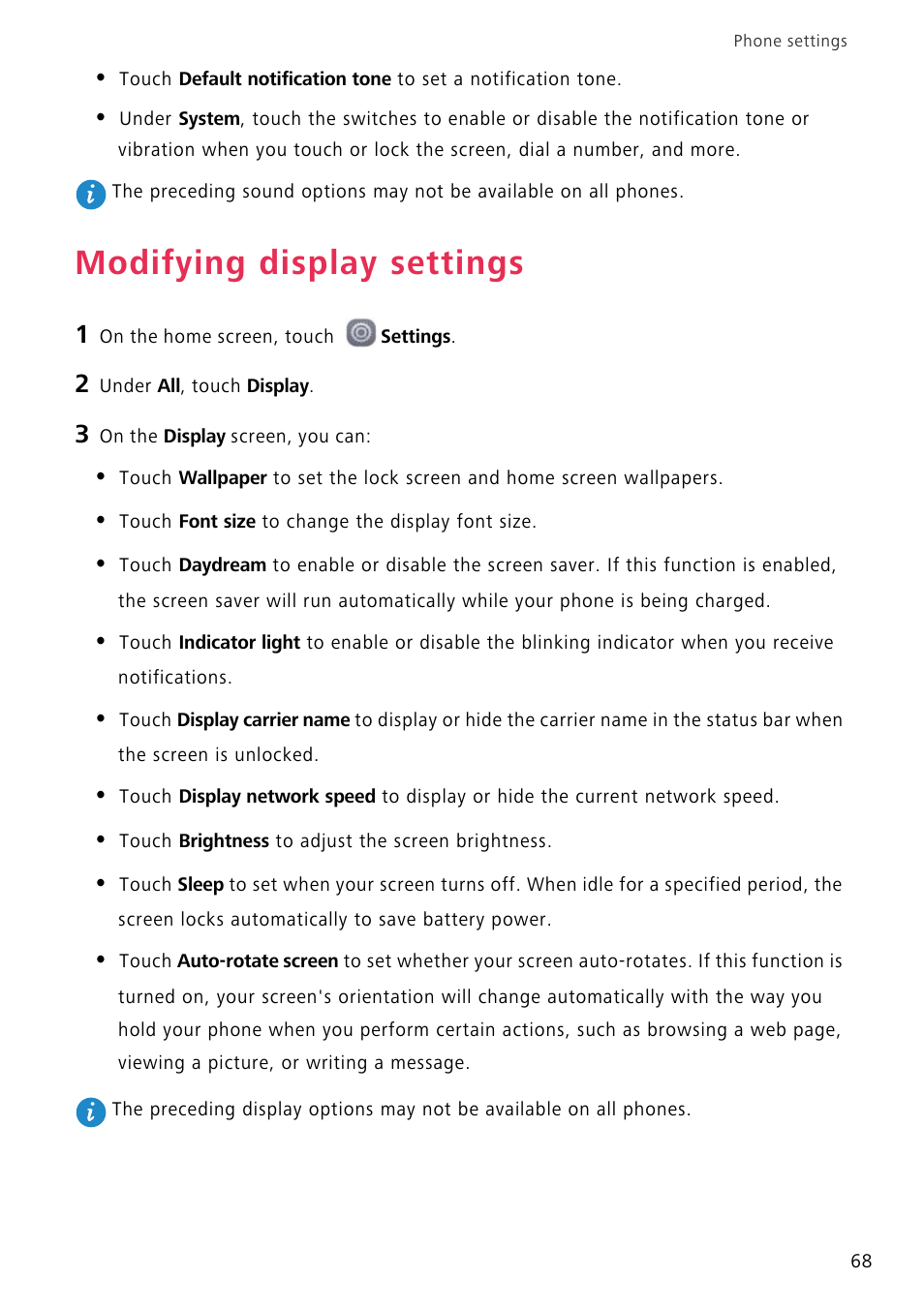 Modifying display settings | Huawei P8 Lite User Manual | Page 72 / 84