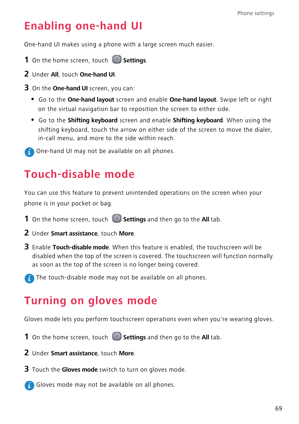 Enabling one-hand ui, Touch-disable mode, Turning on gloves mode | Huawei P8 Lite User Manual | Page 73 / 84
