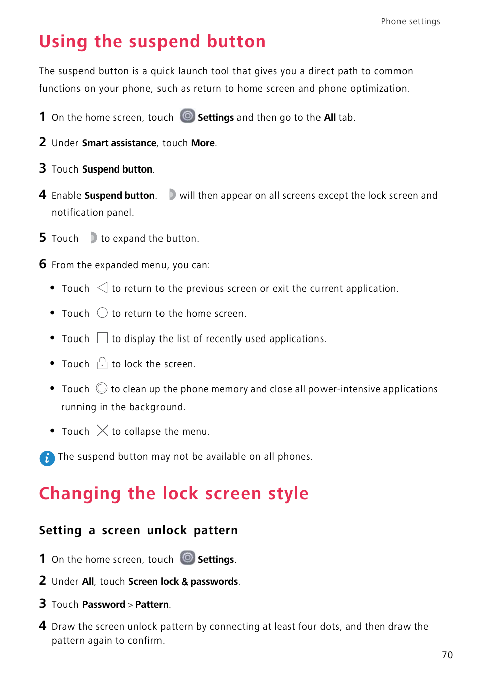 Using the suspend button, Changing the lock screen style, Setting a screen unlock pattern | Huawei P8 Lite User Manual | Page 74 / 84