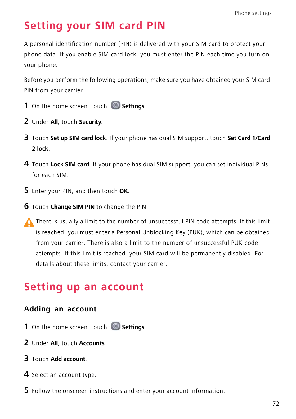 Setting your sim card pin, Setting up an account, Adding an account | Huawei P8 Lite User Manual | Page 76 / 84