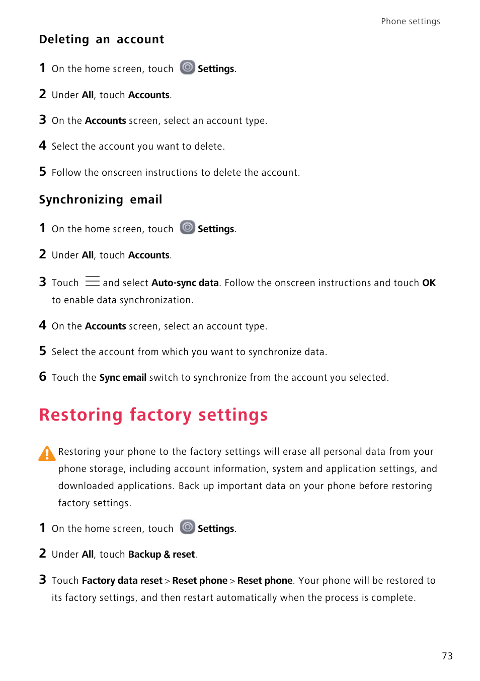 Deleting an account, Synchronizing email, Restoring factory settings | Huawei P8 Lite User Manual | Page 77 / 84