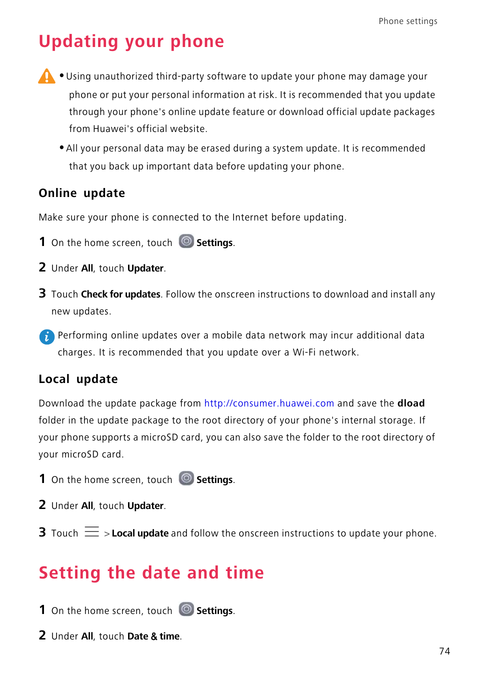 Updating your phone, Online update, Local update | Setting the date and time | Huawei P8 Lite User Manual | Page 78 / 84