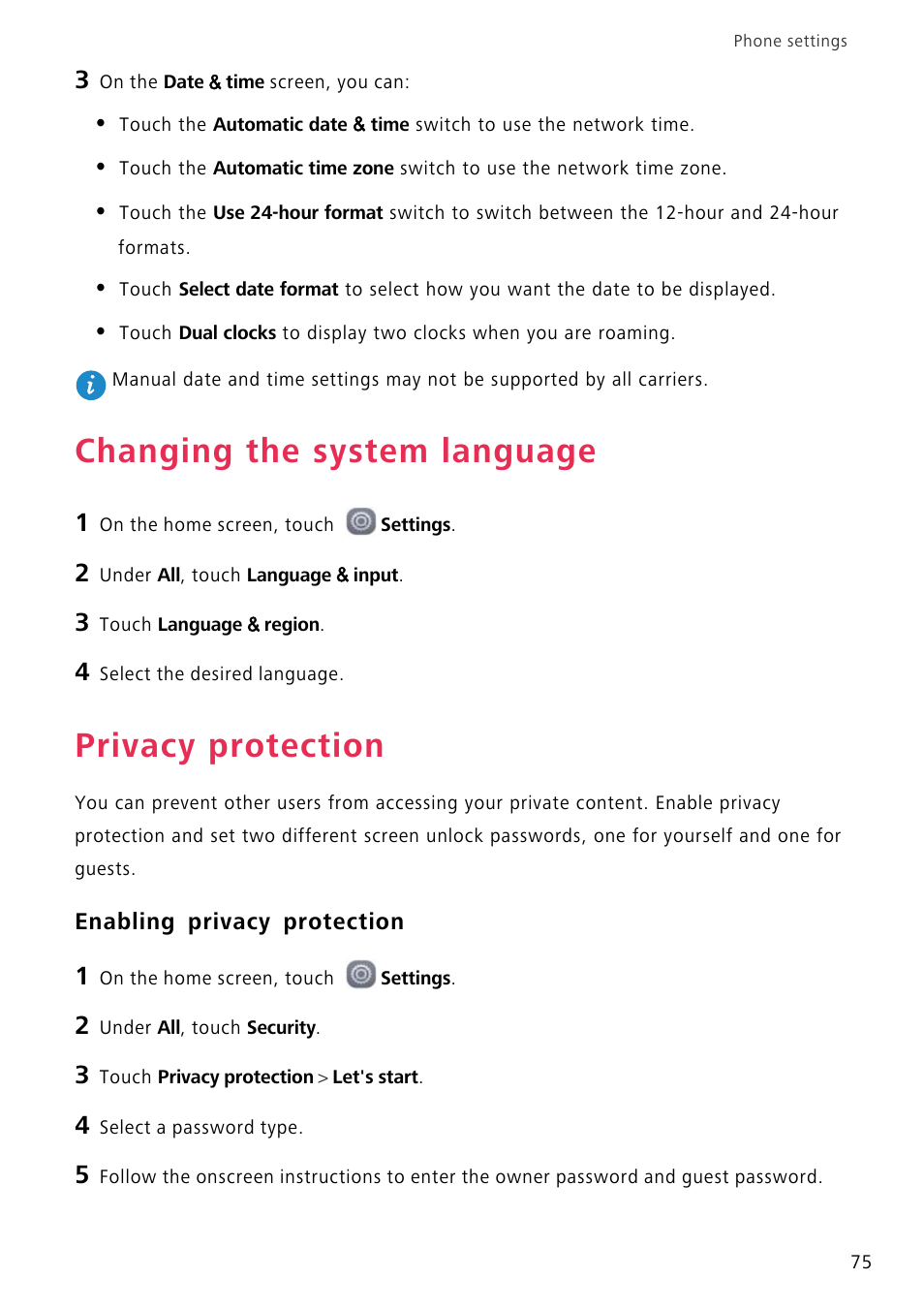 Changing the system language, Privacy protection, Enabling privacy protection | Huawei P8 Lite User Manual | Page 79 / 84