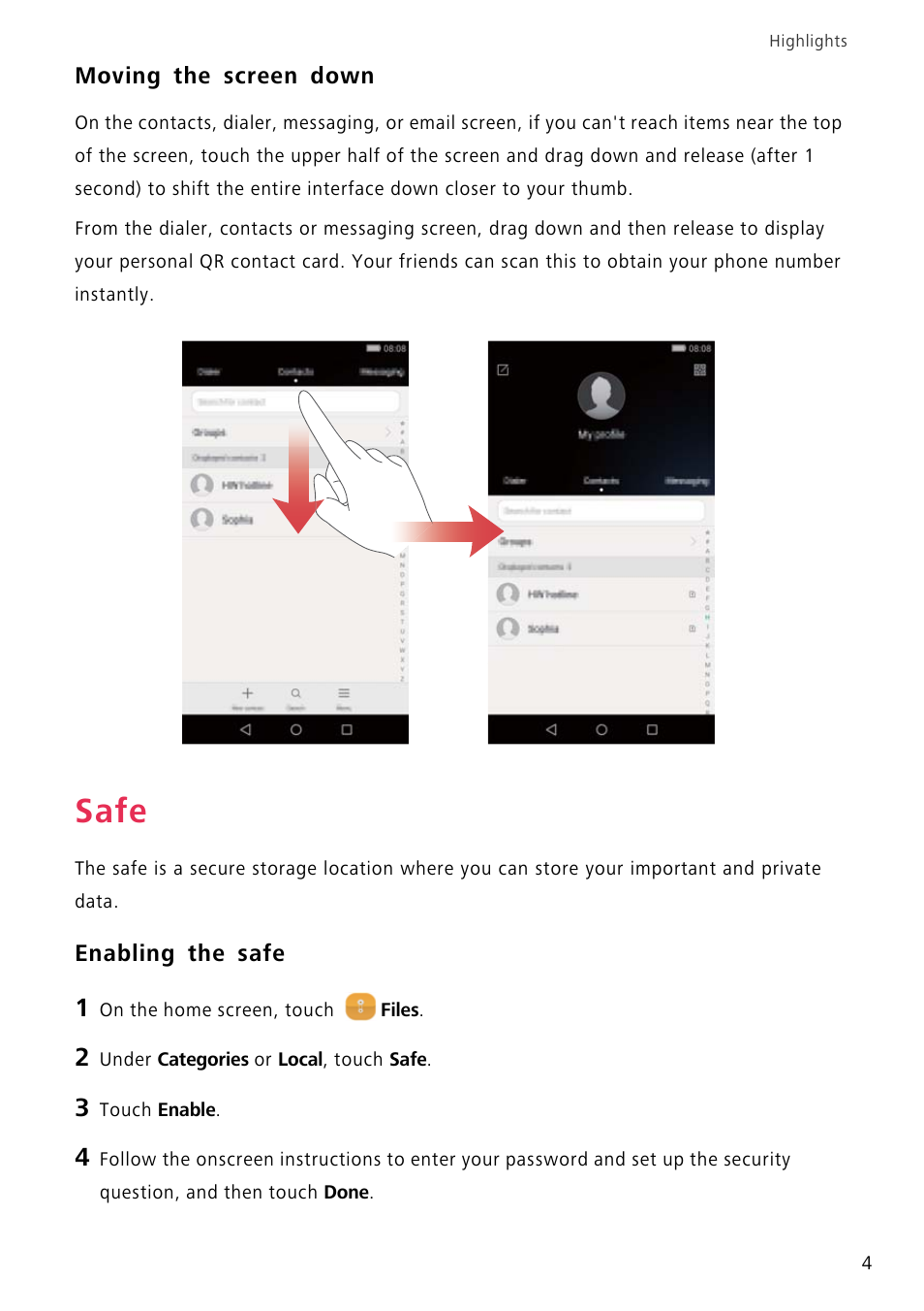 Moving the screen down, Safe, Enabling the safe | Huawei P8 Lite User Manual | Page 8 / 84