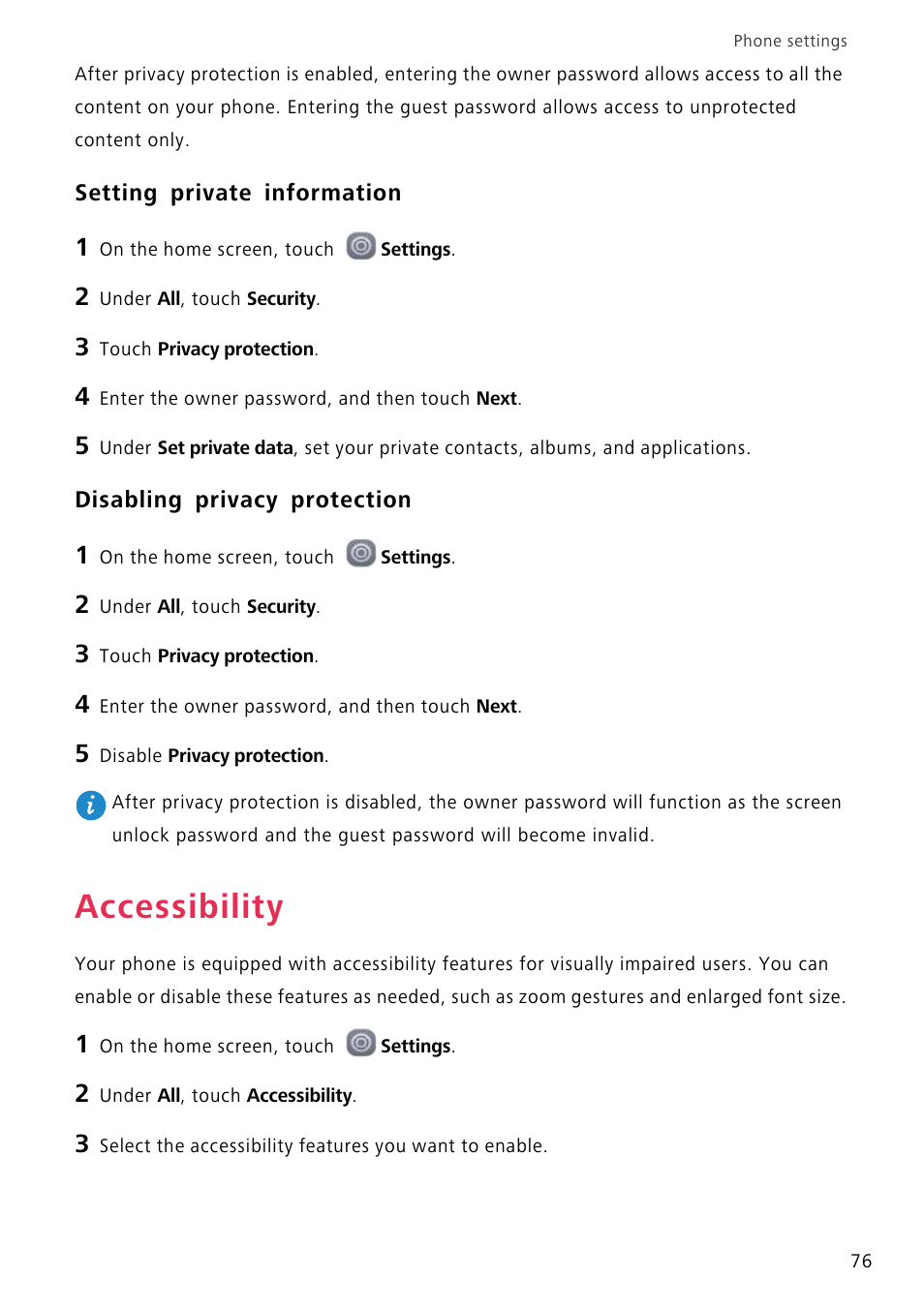 Setting private information, Disabling privacy protection, Accessibility | Huawei P8 Lite User Manual | Page 80 / 84