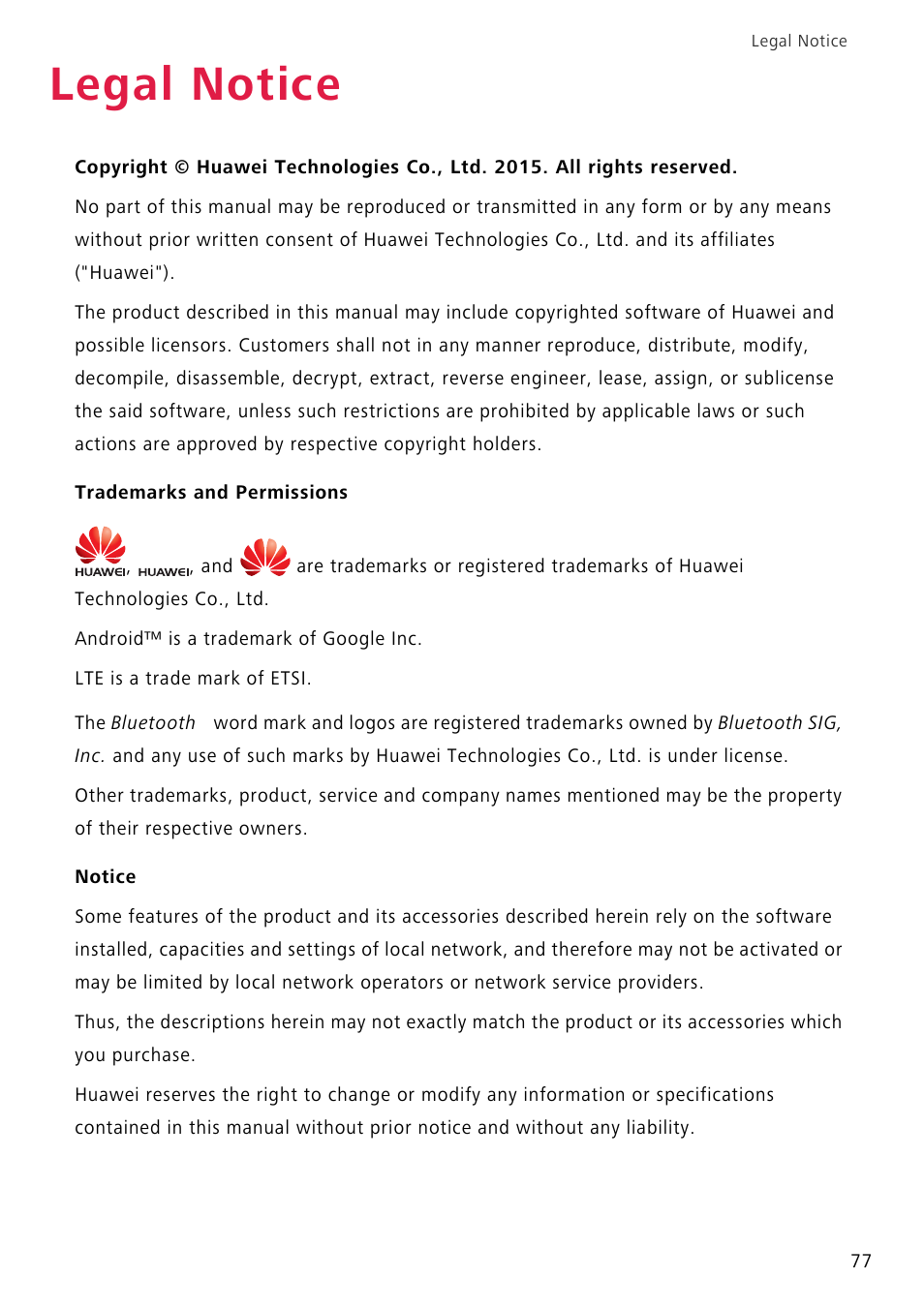 Legal notice, Trademarks and permissions, Notice | Huawei P8 Lite User Manual | Page 81 / 84