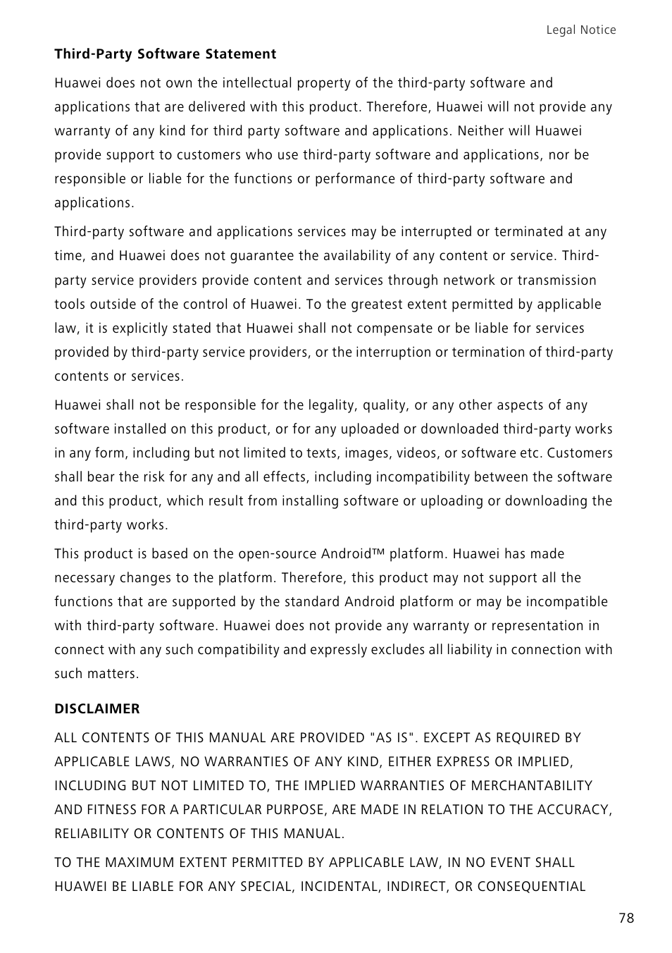Third-party software statement, Disclaimer | Huawei P8 Lite User Manual | Page 82 / 84