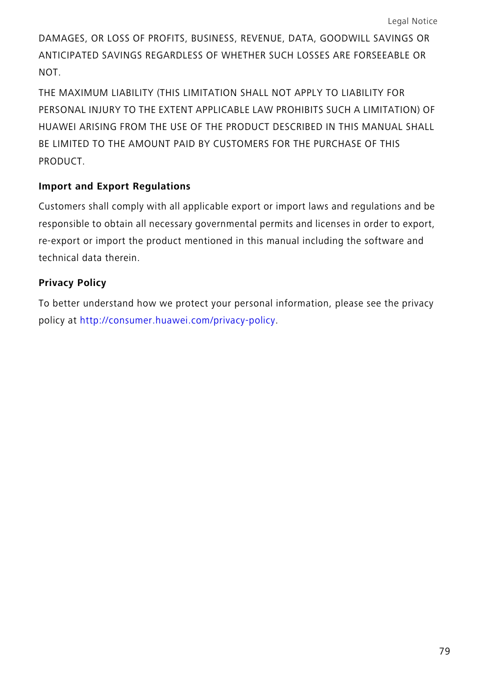 Import and export regulations, Privacy policy | Huawei P8 Lite User Manual | Page 83 / 84