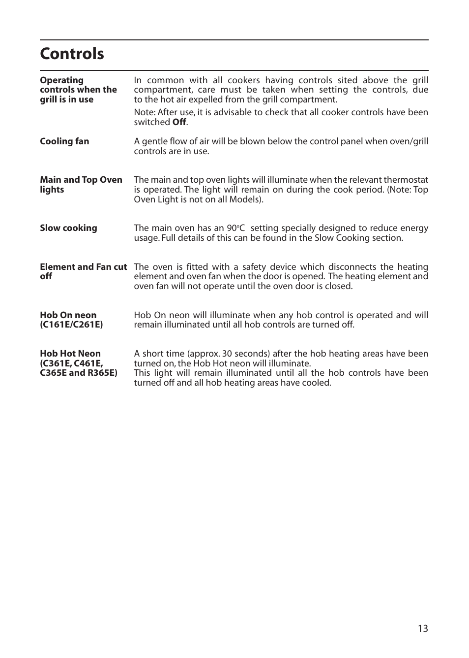 Controls | Creda C365E User Manual | Page 13 / 52