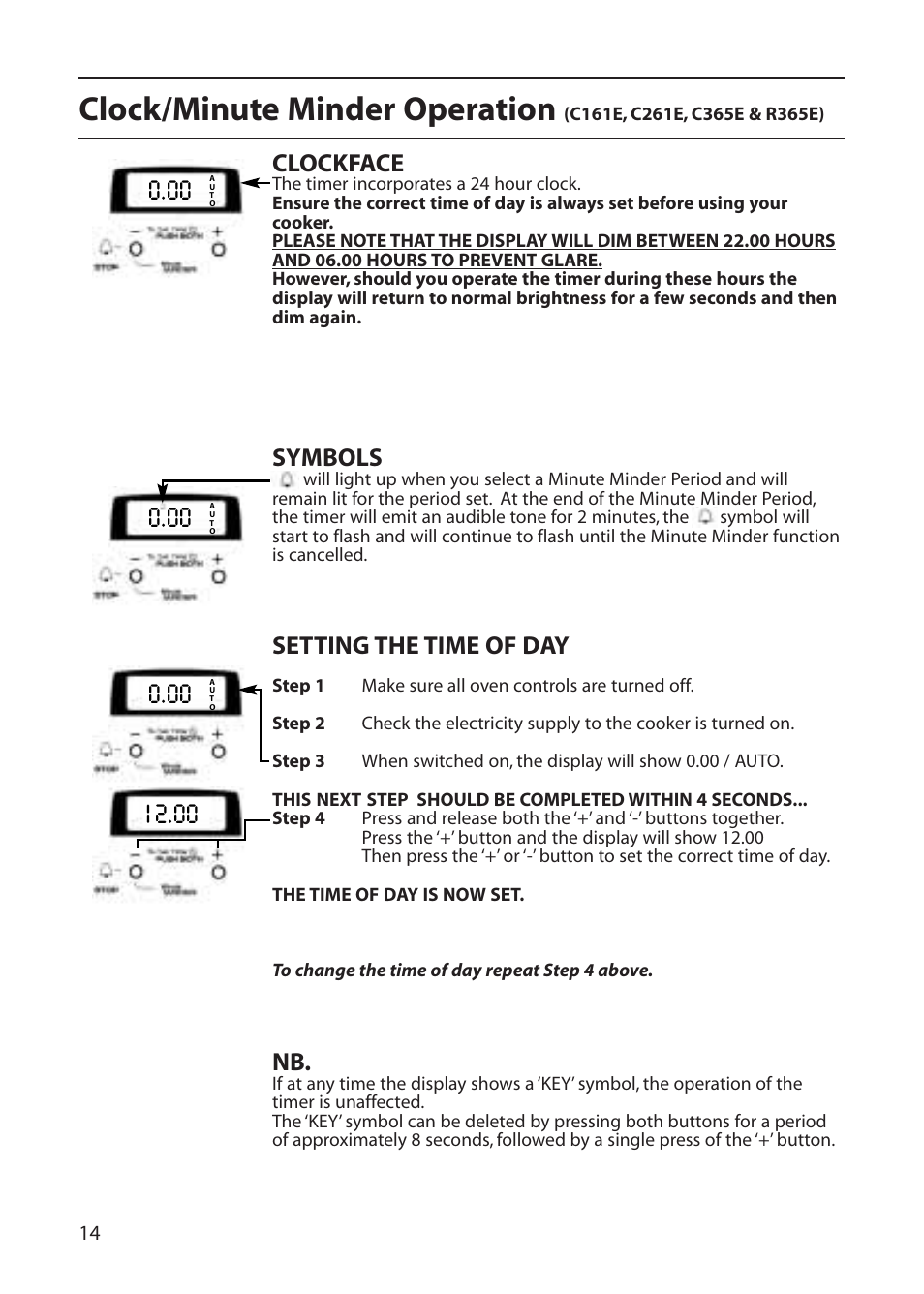 Clock/minute minder operation, Clockface, Symbols | Setting the time of day | Creda C365E User Manual | Page 14 / 52