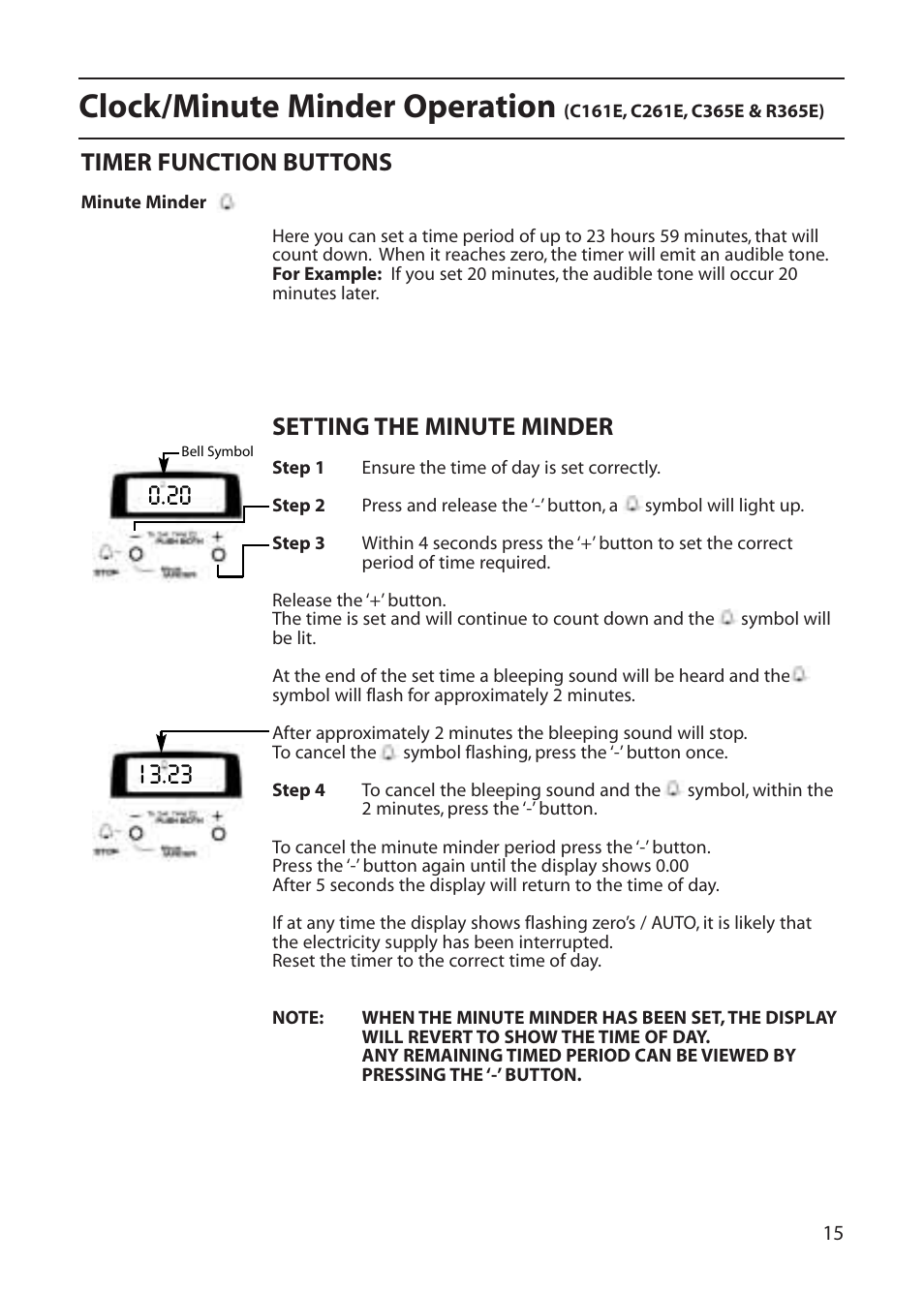 Clock/minute minder operation, Timer function buttons, Setting the minute minder | Creda C365E User Manual | Page 15 / 52
