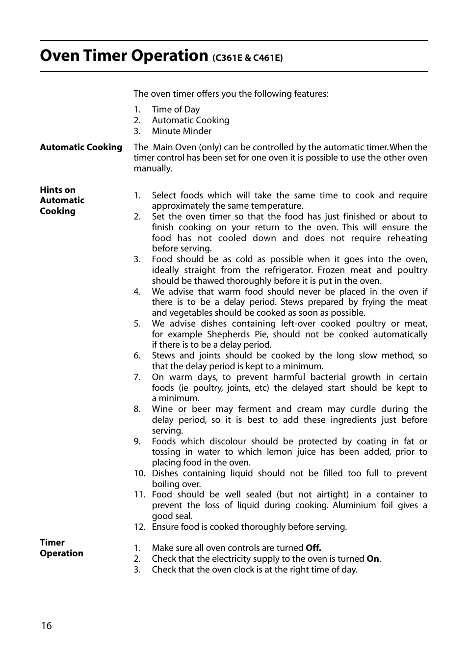 Oven timer operation | Creda C365E User Manual | Page 16 / 52