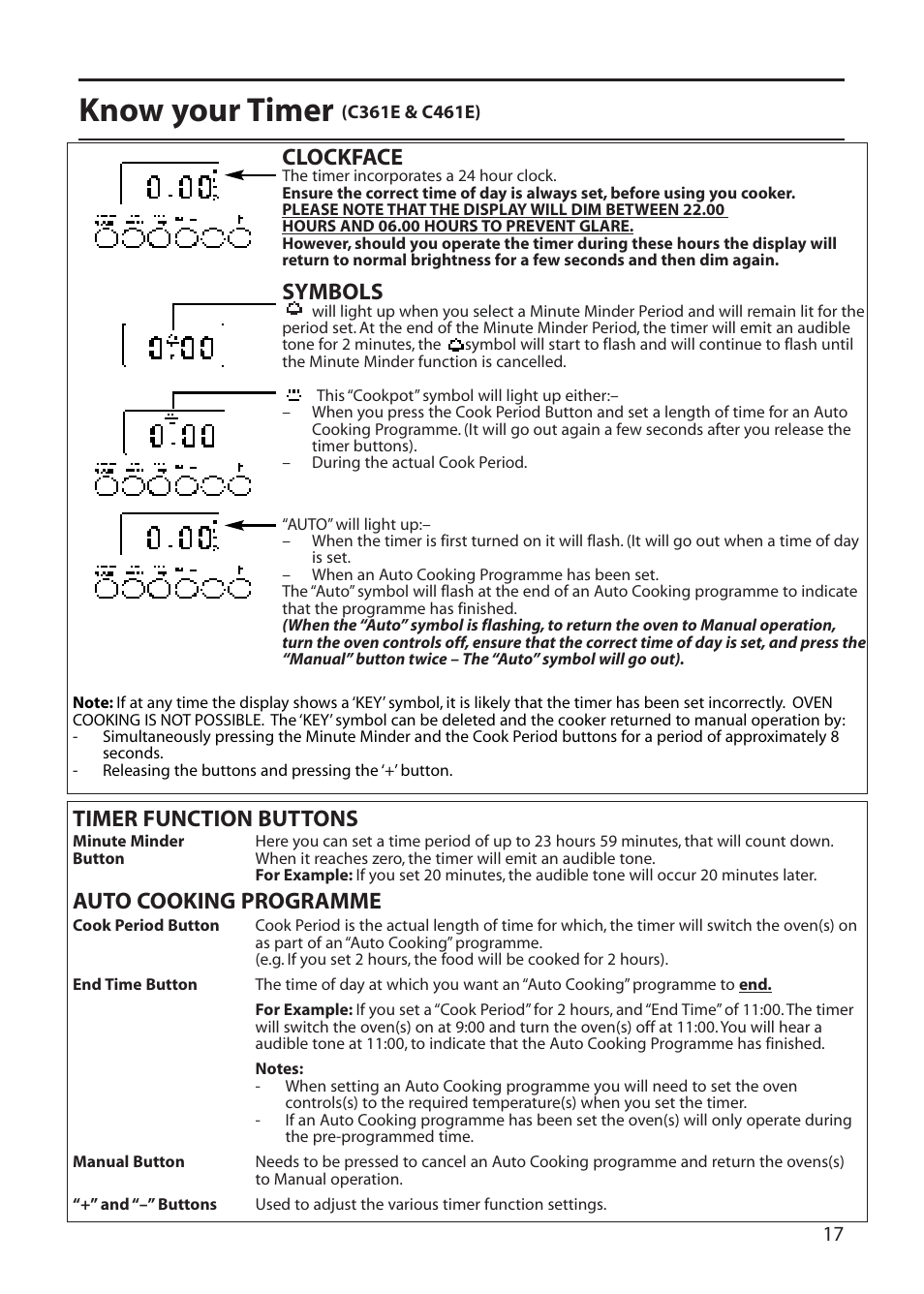 Know your timer, Clockface, Symbols | Timer function buttons auto cooking programme | Creda C365E User Manual | Page 17 / 52