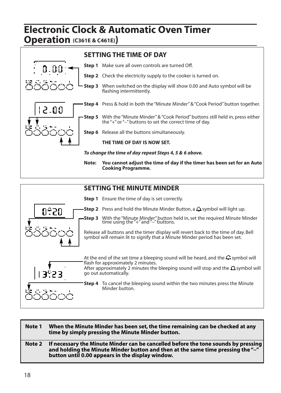 Electronic clock & automatic oven timer operation, Setting the time of day, Setting the minute minder | Creda C365E User Manual | Page 18 / 52