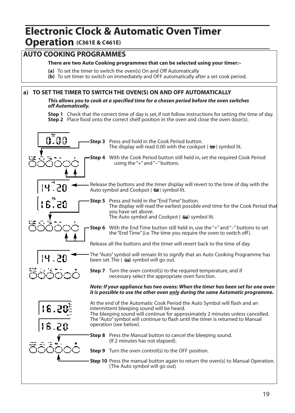Electronic clock & automatic oven timer operation, Auto cooking programmes | Creda C365E User Manual | Page 19 / 52