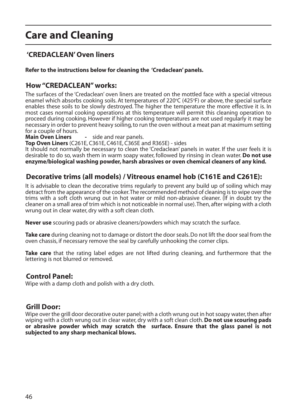 Care and cleaning | Creda C365E User Manual | Page 46 / 52