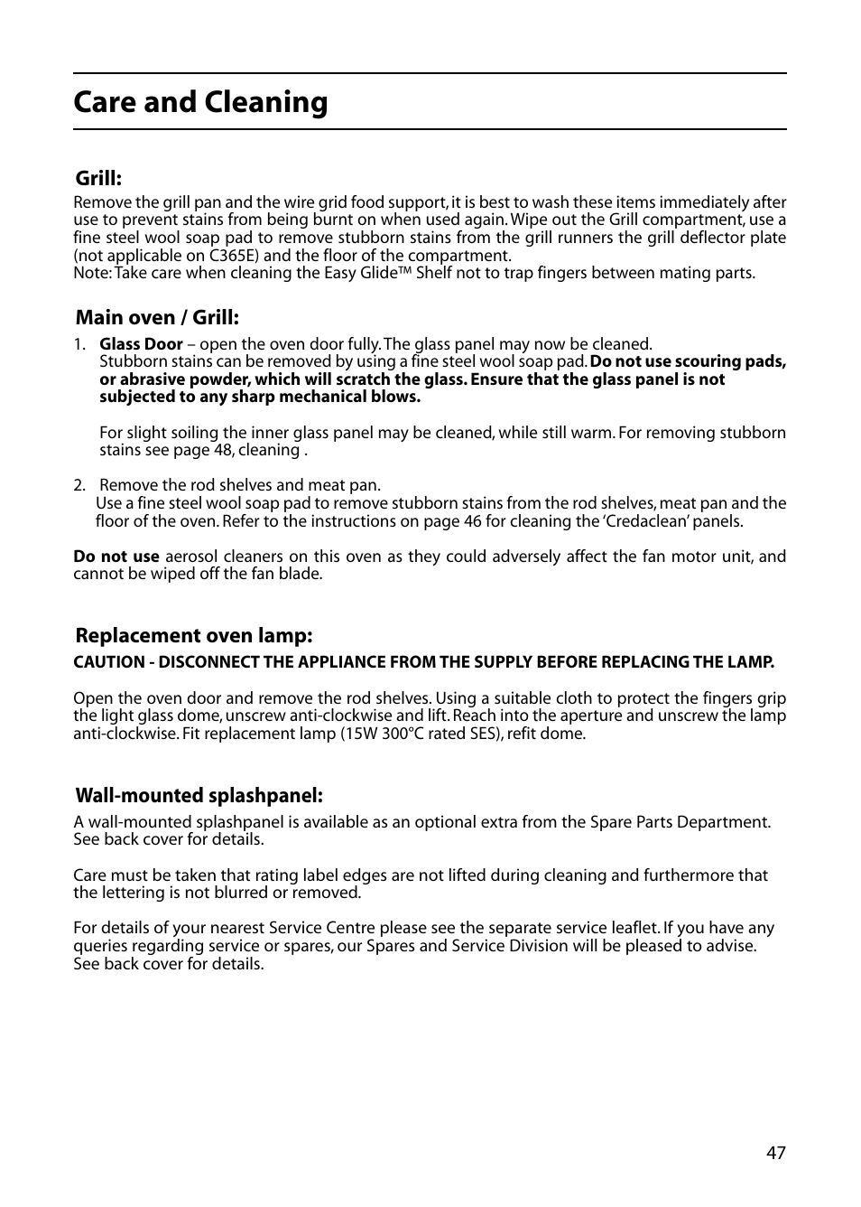 Care and cleaning | Creda C365E User Manual | Page 47 / 52