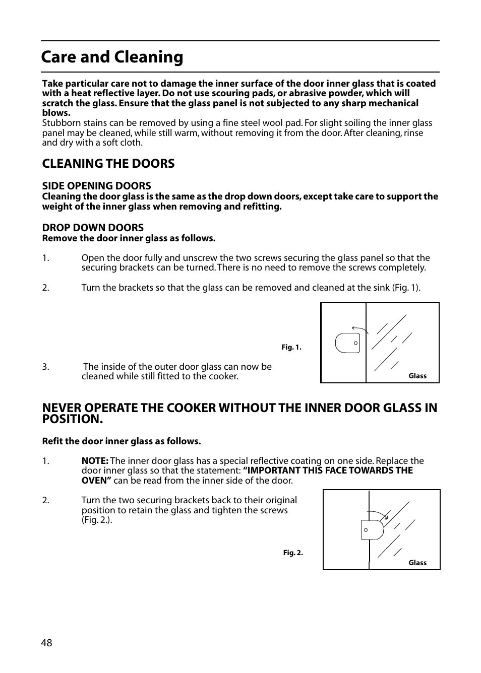 Care and cleaning, Cleaning the doors | Creda C365E User Manual | Page 48 / 52
