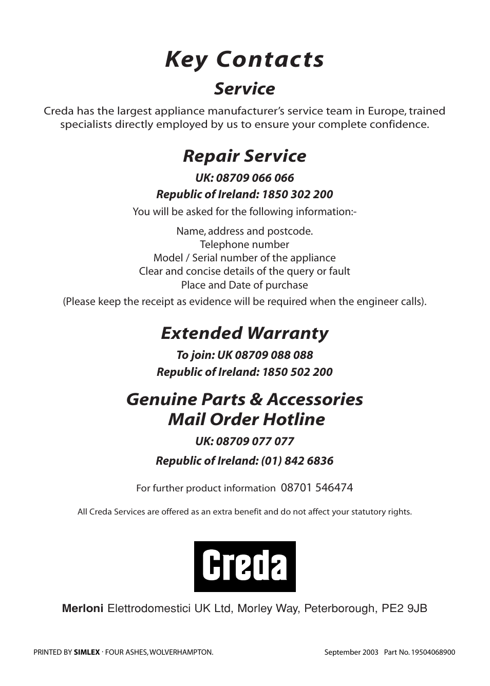 Key contacts, Service, Repair service | Extended warranty, Genuine parts & accessories mail order hotline | Creda C365E User Manual | Page 52 / 52