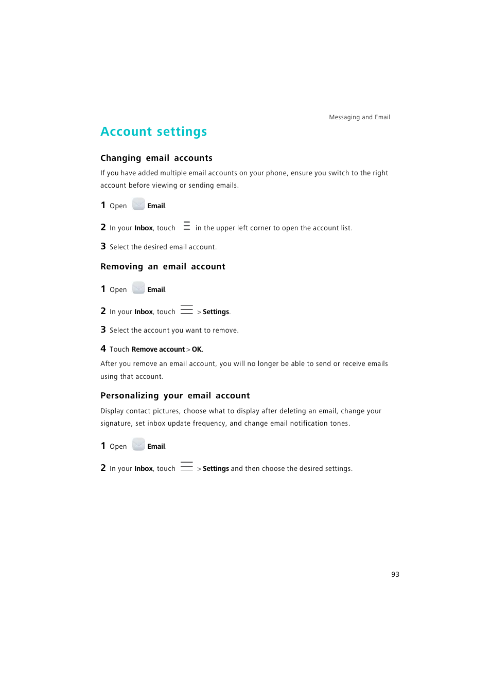 Account settings, Changing email accounts, Removing an email account | Personalizing your email account | Huawei P9 Lite User Manual | Page 100 / 204