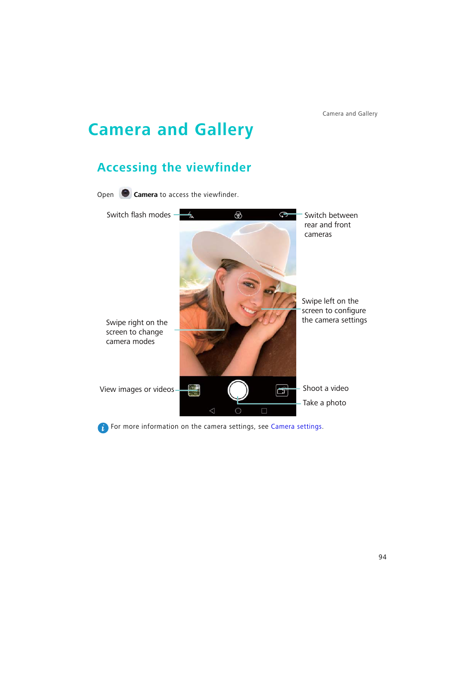 Camera and gallery, Accessing the viewfinder | Huawei P9 Lite User Manual | Page 101 / 204