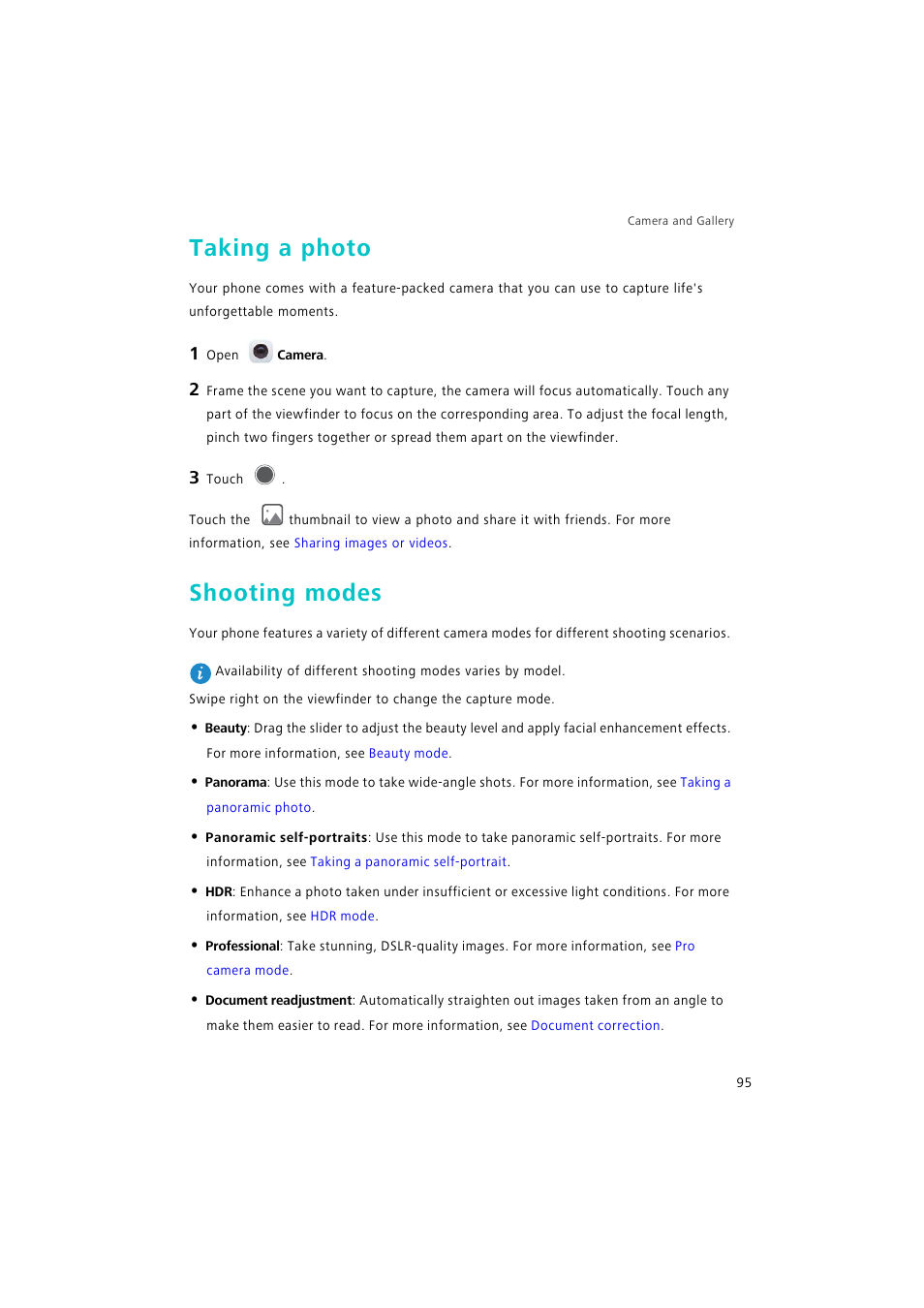 Taking a photo, Shooting modes | Huawei P9 Lite User Manual | Page 102 / 204