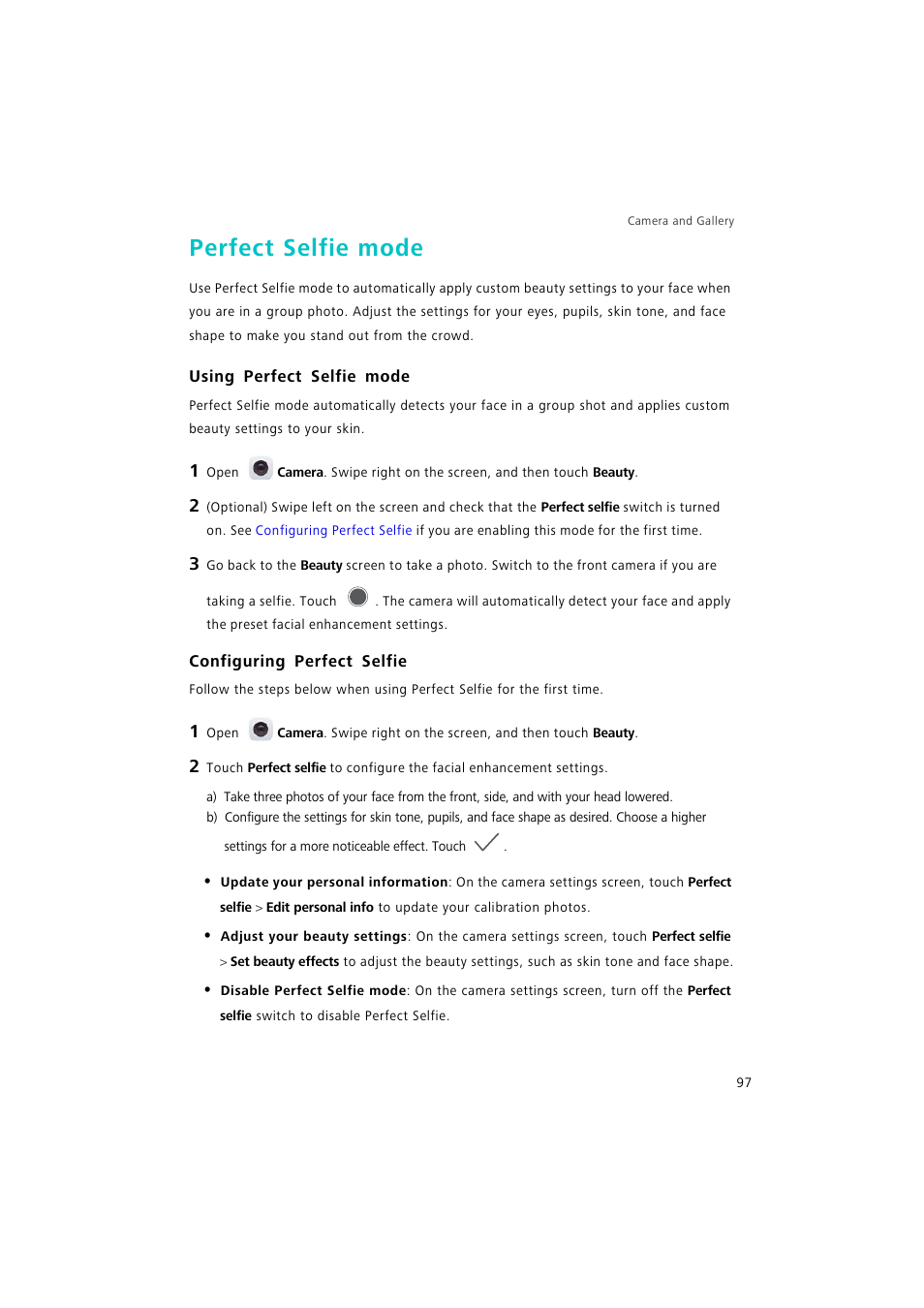 Perfect selfie mode, Using perfect selfie mode, Configuring perfect selfie | Huawei P9 Lite User Manual | Page 104 / 204