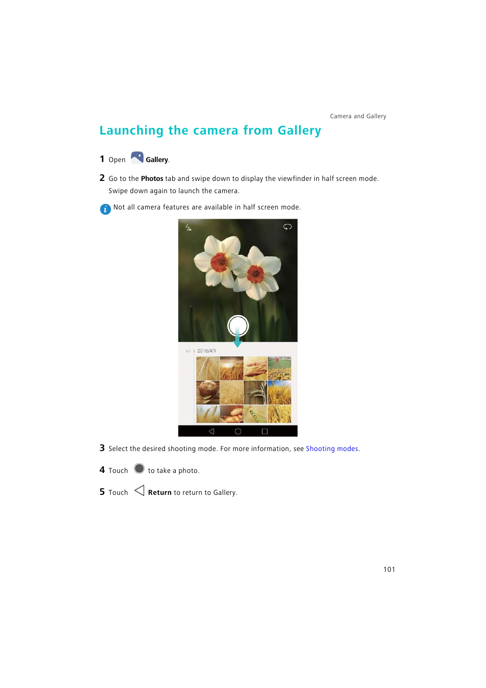 Launching the camera from gallery | Huawei P9 Lite User Manual | Page 108 / 204