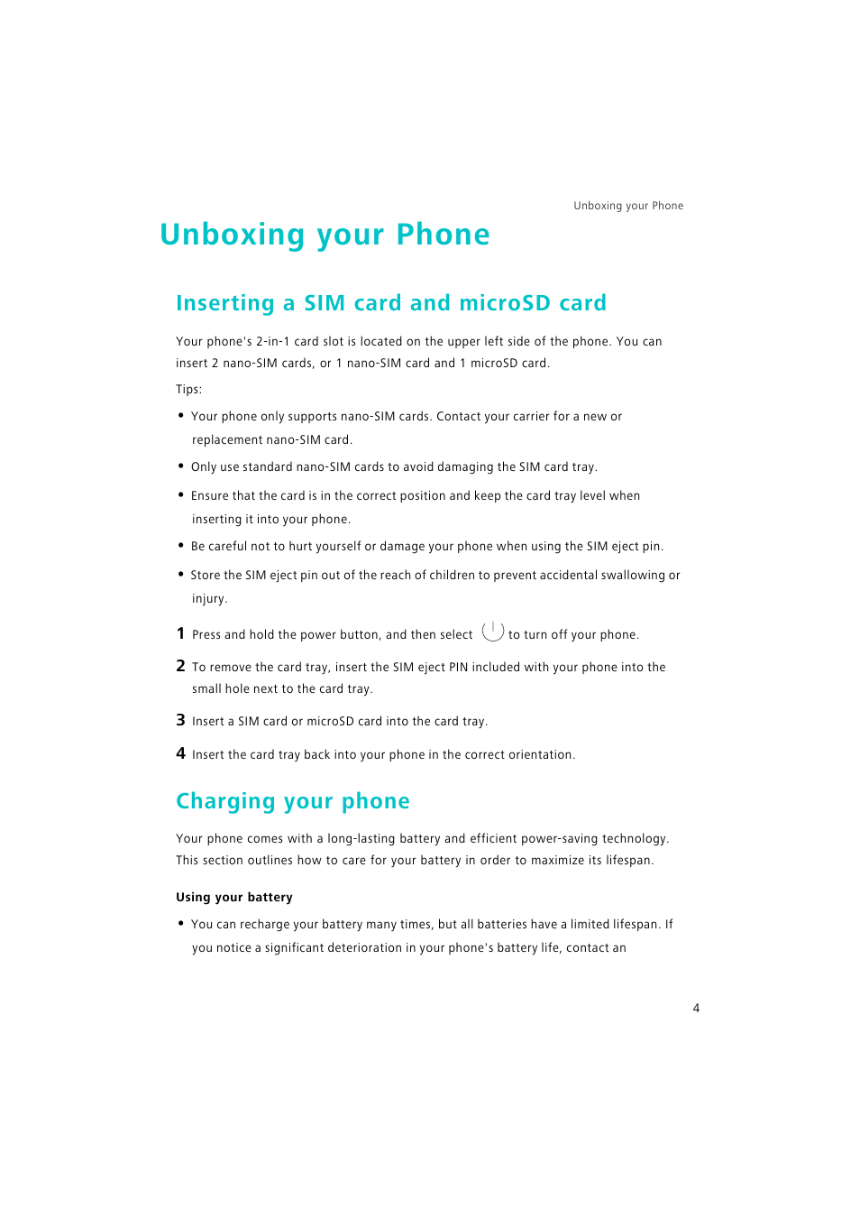 Unboxing your phone, Inserting a sim card and microsd card, Charging your phone | Using your battery | Huawei P9 Lite User Manual | Page 11 / 204