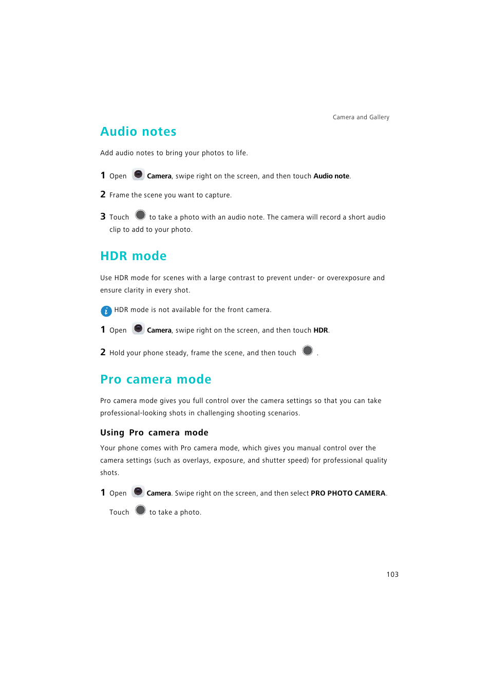 Audio notes, Hdr mode, Pro camera mode | Using pro camera mode, Camera mode | Huawei P9 Lite User Manual | Page 110 / 204