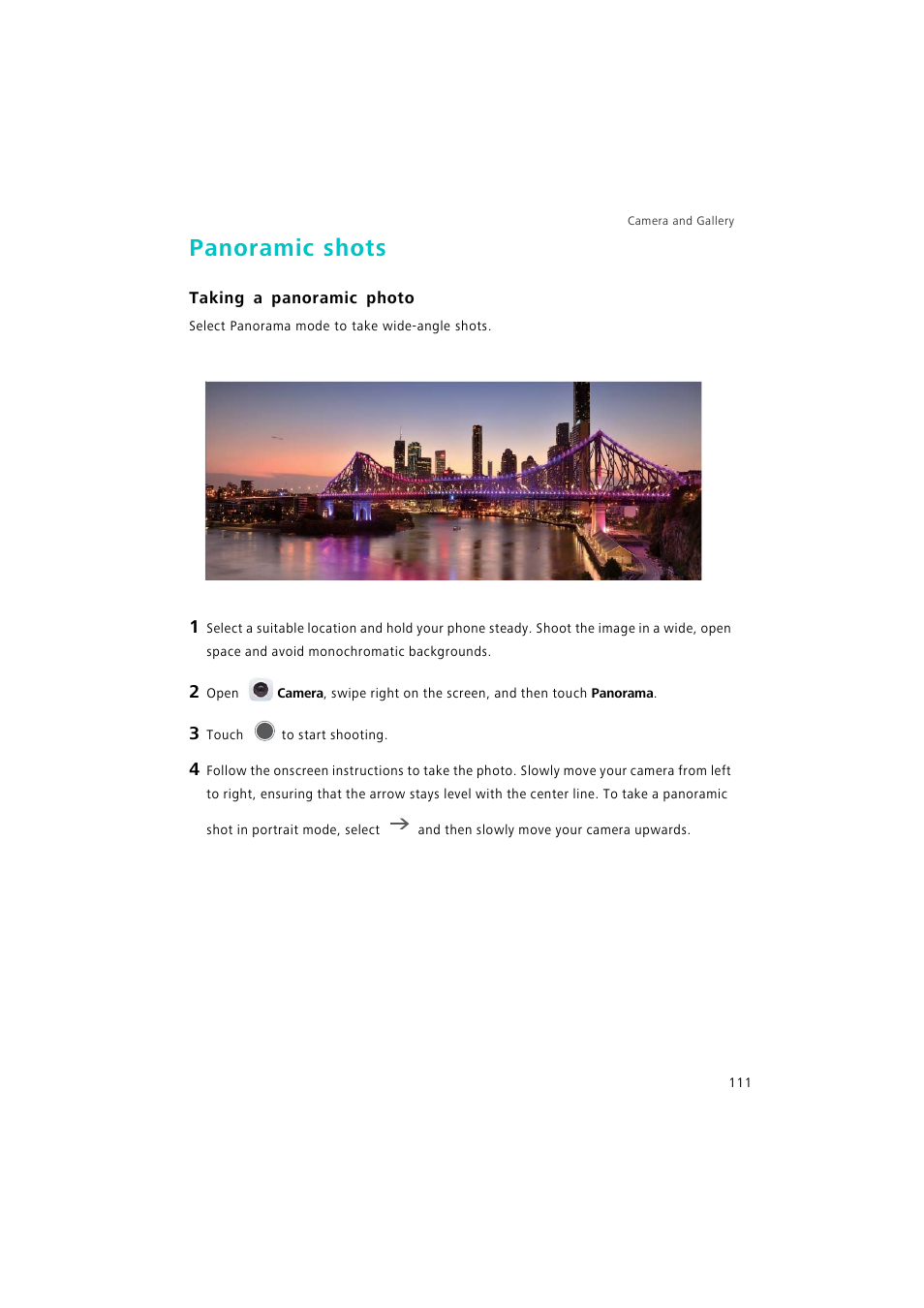 Panoramic shots, Taking a panoramic photo, Taking a | Panoramic photo | Huawei P9 Lite User Manual | Page 118 / 204