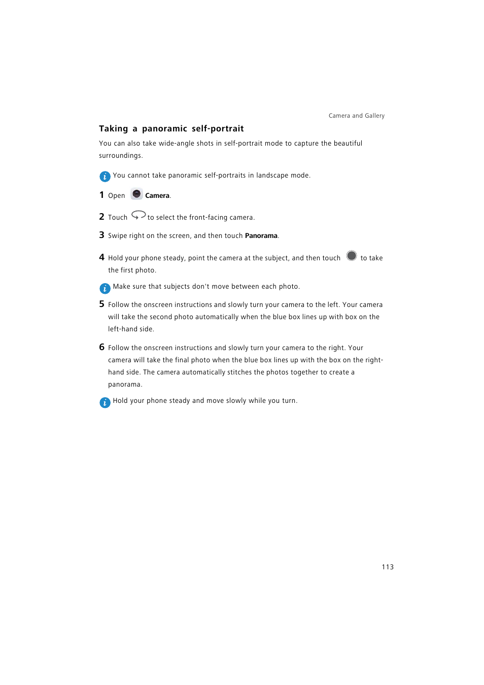 Taking a panoramic self-portrait | Huawei P9 Lite User Manual | Page 120 / 204