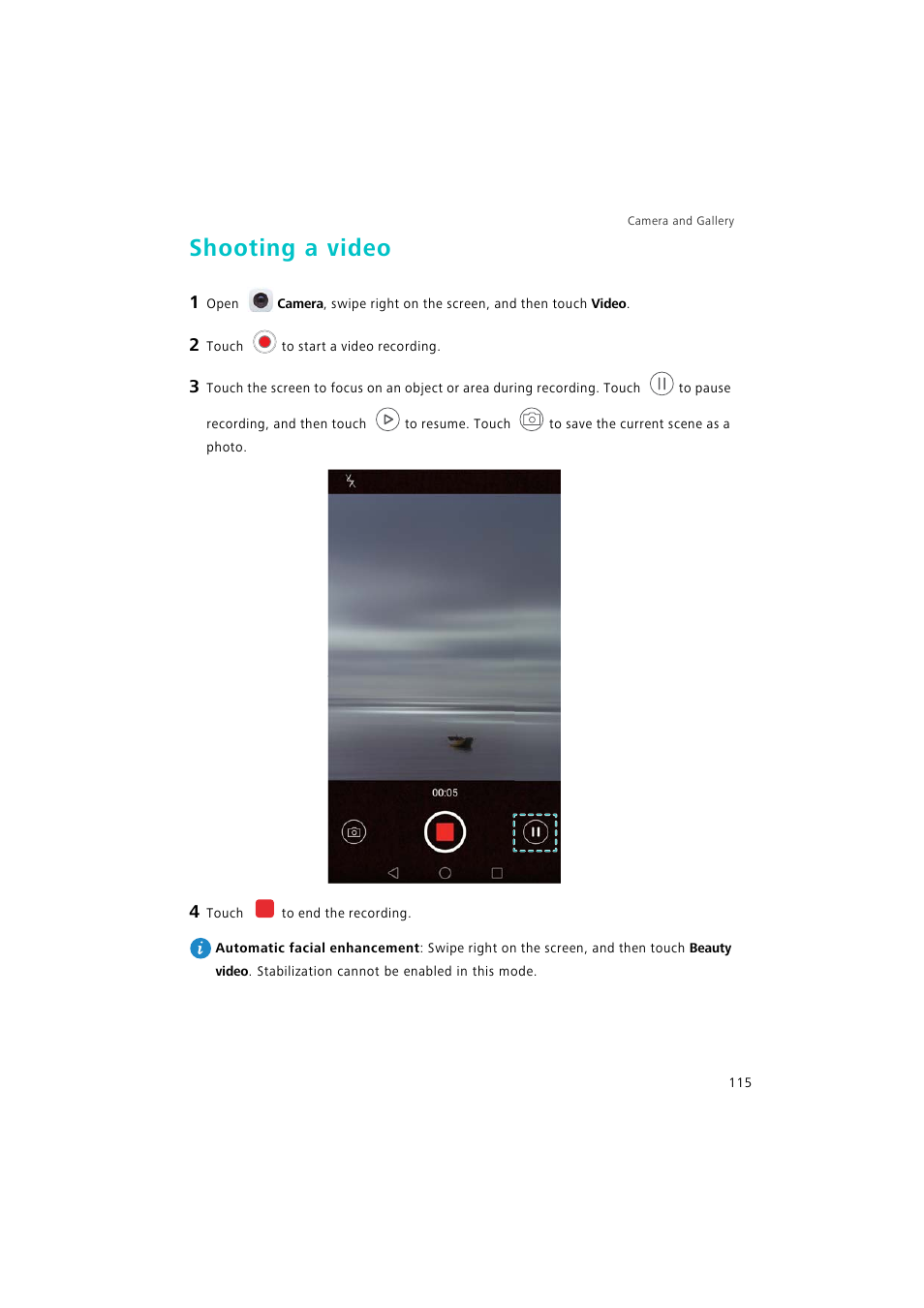 Shooting a video | Huawei P9 Lite User Manual | Page 122 / 204