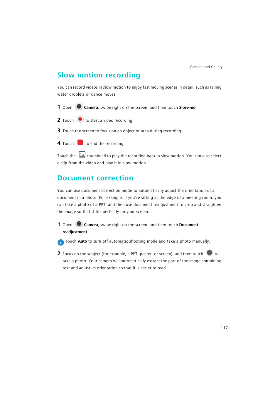 Slow motion recording, Document correction, Slow motion | Recording | Huawei P9 Lite User Manual | Page 124 / 204