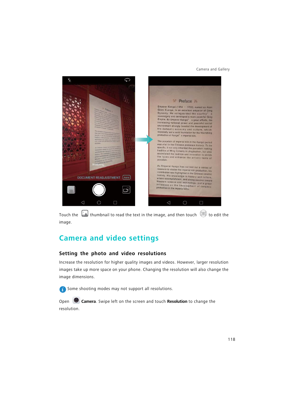 Camera and video settings, Setting the photo and video resolutions | Huawei P9 Lite User Manual | Page 125 / 204