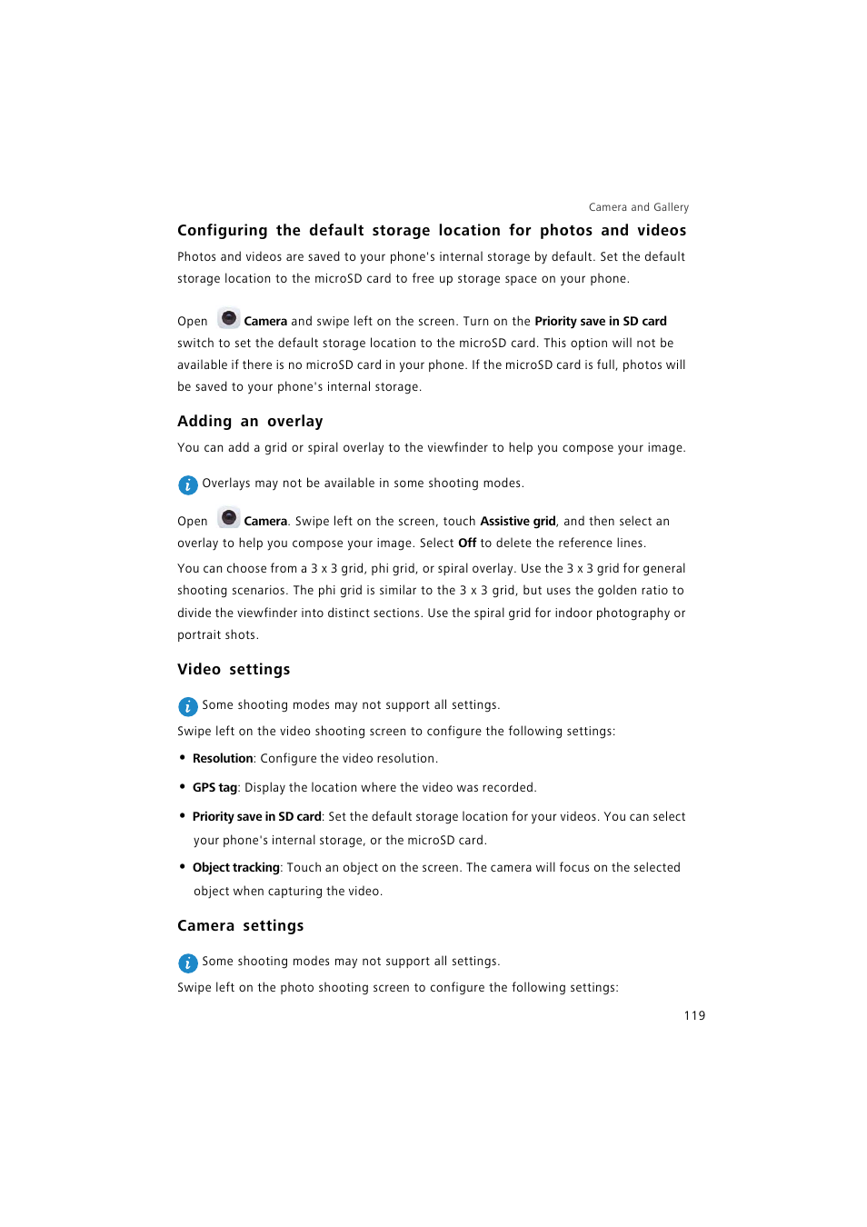 Adding an overlay, Video settings, Camera settings | Huawei P9 Lite User Manual | Page 126 / 204