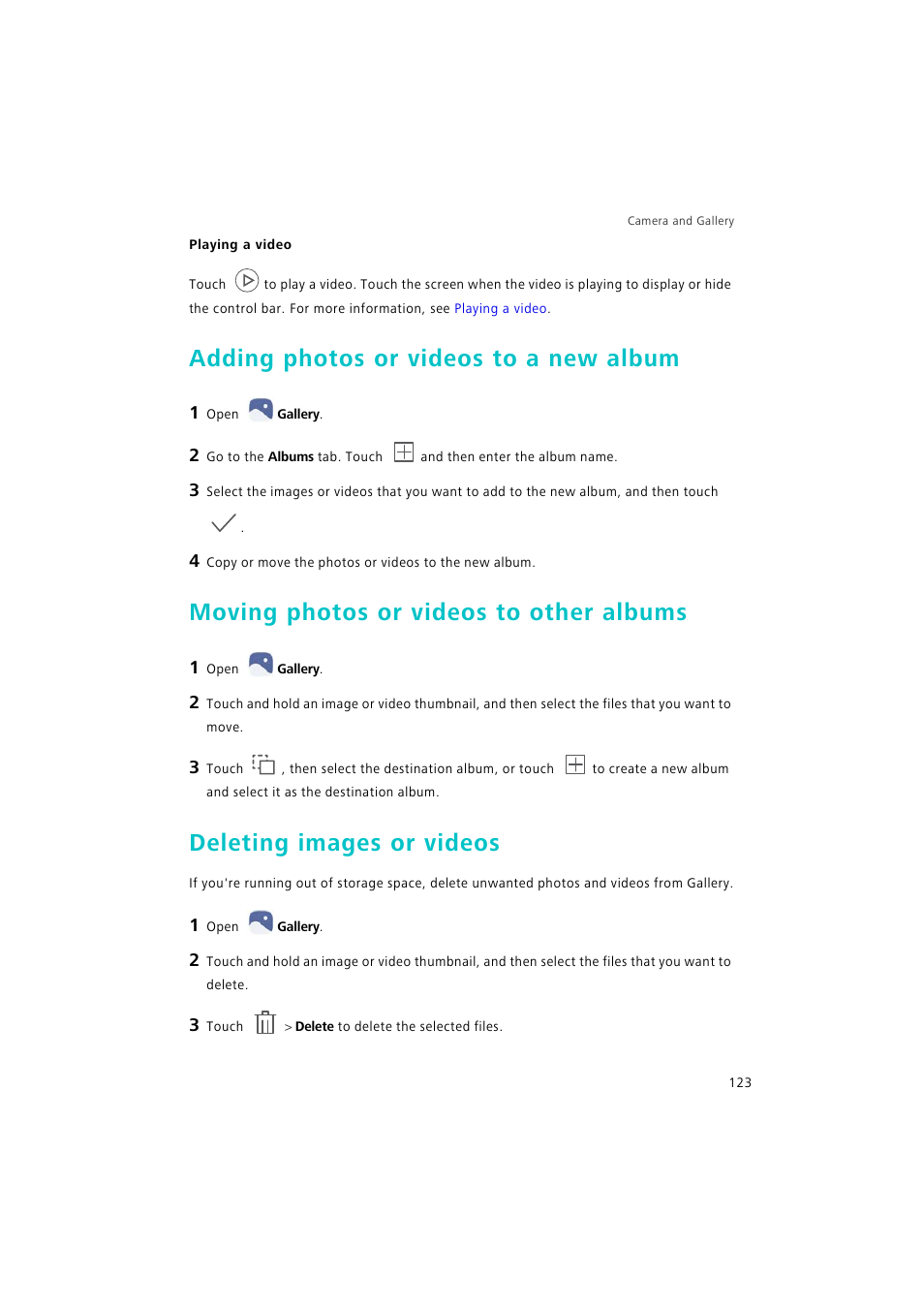 Playing a video, Adding photos or videos to a new album, Moving photos or videos to other albums | Deleting images or videos | Huawei P9 Lite User Manual | Page 130 / 204