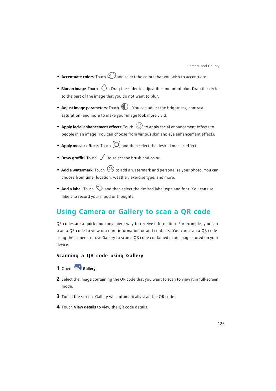 Using camera or gallery to scan a qr code, Scanning a qr code using gallery | Huawei P9 Lite User Manual | Page 133 / 204