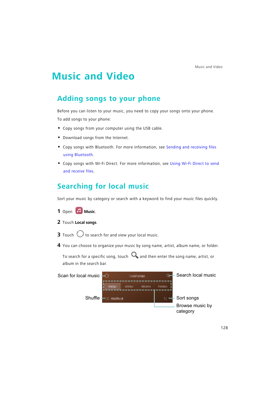 Music and video, Adding songs to your phone, Searching for local music | Huawei P9 Lite User Manual | Page 135 / 204